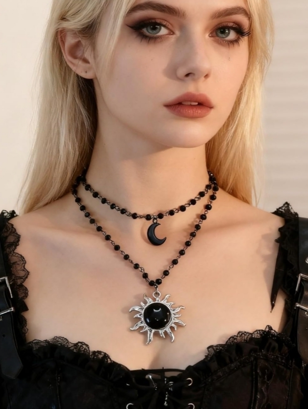 Black Beaded Moon & Sun Pendant Layered Necklace - Unbranded